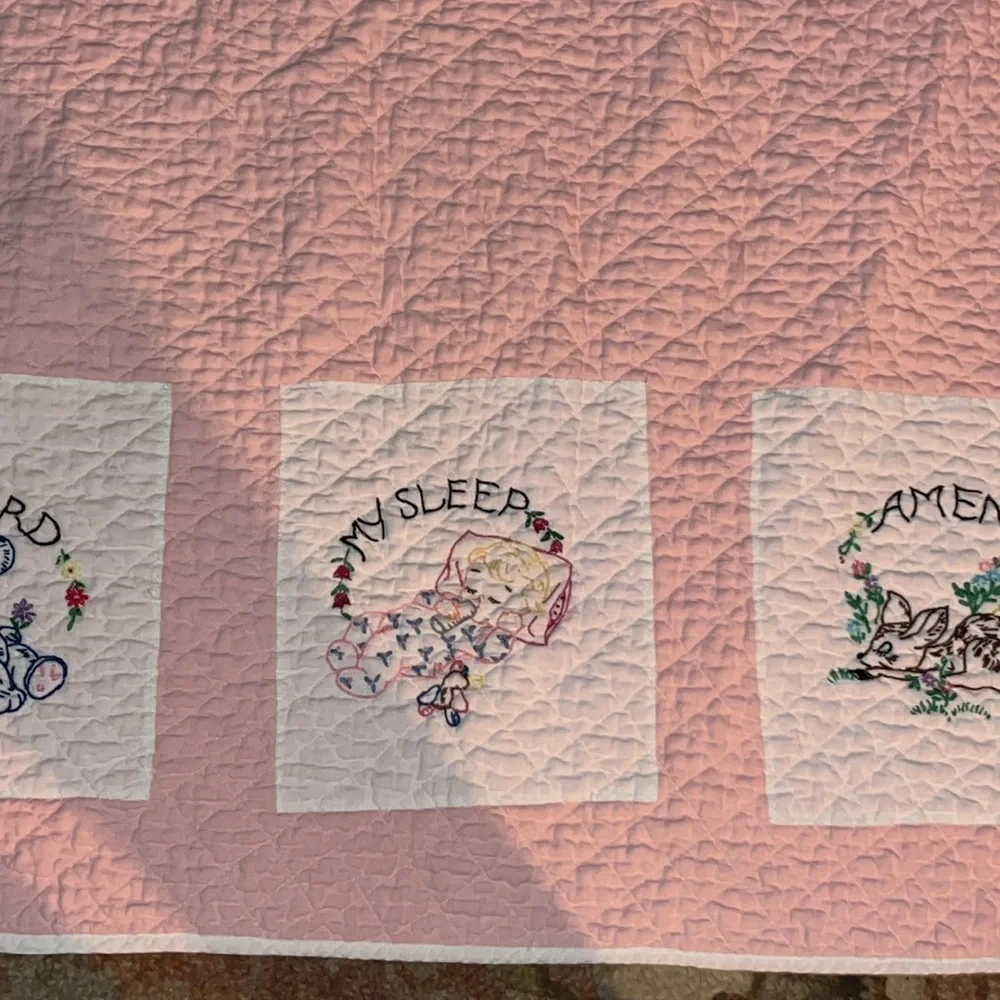 Pink Embroidered Baby Quilt handmade 50” x 32”